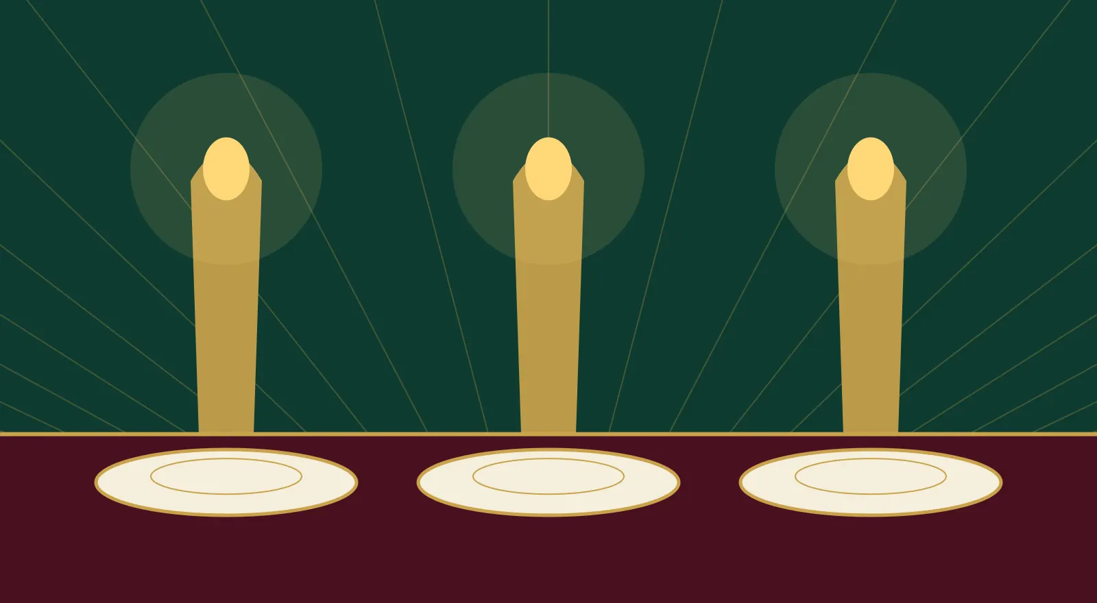 Candlelit dinner table set for three
